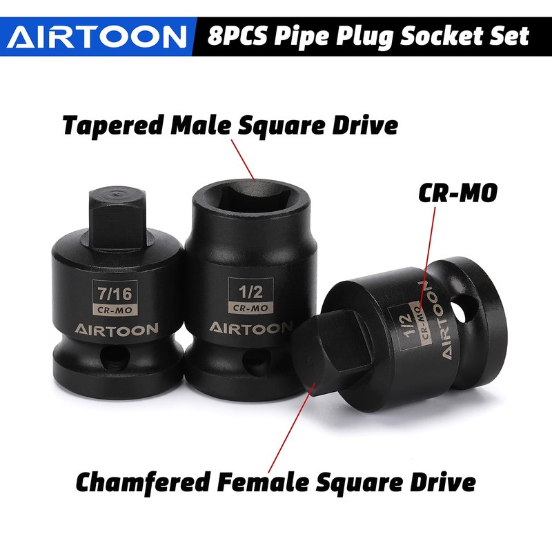 AIRTOON 1/2" Drive Pipe Plug Socket Set, 8-Piece, SAE, CR-MO,