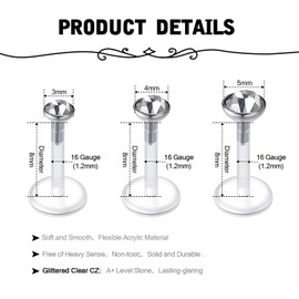 Briana Williams 16-Piece Lip Piercing Bioflex Labert Plug Set Transparent 16G Retainers 6/8/10 mm Rod Monroe Medusa Piercing CZ Opal, Plastic, style2