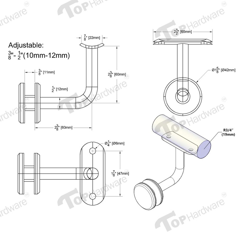 Stainless Steel Glass Mount Handrail Bracket for 1-5/8" OD Round