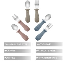 PandaEar Toddler Utensils, 6 Pack Kids Spoons and Forks, 18/8 Stainless Steel & Food Grade Silicone Children Silverware Set, Dishwasher Safe (Blue/Brown/Red)