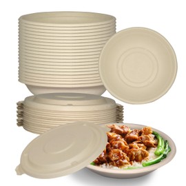 24 oz Round Disposable Compostable Paper Bowls with Fiber Dome Lids - Heavy-Duty, Eco-Friendly Natural Bagasse Unbleached, Heat Resistant, 100% Biodegradable Salad Bowls Alternative to Plastic (25)