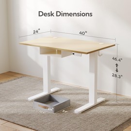 Seang Standing Desk with Drawer, 40" x 24" Height Adjustable Stand Up Desk, 3 Memory Height Settings with Cable Grommets & Storage Hooks, Ideal for Home & Office, Nature
