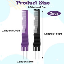 2 Pcs Teasing Comb with Metal lifts, Carbon Lift Teasing Combs with Metal Prong Salon Teasing Back Combs, Plastic Teaser Rake with Stainless Steel Lift (Black, purple)