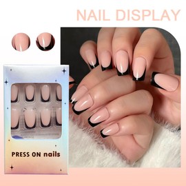 French Manicure Square Fake Nails,Black Edge Nude Pink Press on Nails Short,Fake Nails Reusable & Natura Acrylic Stick on Nails for Women Girls Gift kit 24PCS