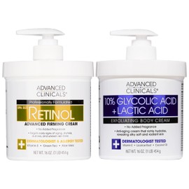 Advanced Clinicals Retinol Body Cream Moisturizer + Exfoliating 10% Glycolic Acid & Lactic Acid Lotion 2PC Skincare Set For Women & Men To Reduce Appearance Of Crepey Skin & Uneven Rough Skin Texture
