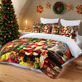 Christmas Duvet Cover Set Queen Size Santa Claus Bedding Cover Set Santa Dog Gifts Presents Pattern Comforter Cover with 2 Pillow Case, King Santa Claus and Dog US Size (Queen (U.S. Standard))