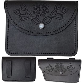Scottish Celtic Embossed Kilt Belt Pouch with Real Leather Sporran Bag Piper Drummer (Black Leather)