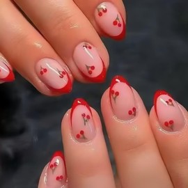 ONPRESS 24Pcs Red French Tip Press on Nails Cherry False Nails Short Almond Glossy Fake Nails Cute Petite Nude Pink Full Cover Stick on Nail Summer Artificial Glue on Nail for Women Manicure Decor