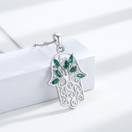 YueYuan Hamsa Hand Necklace 925 Sterling Silver Tree of Life Pendant Hand of Fatima Chain Fatima Hand Jewellery Gifts for Girlfriend Mum Birthday, Sterling Silver, Cubic Zirconia