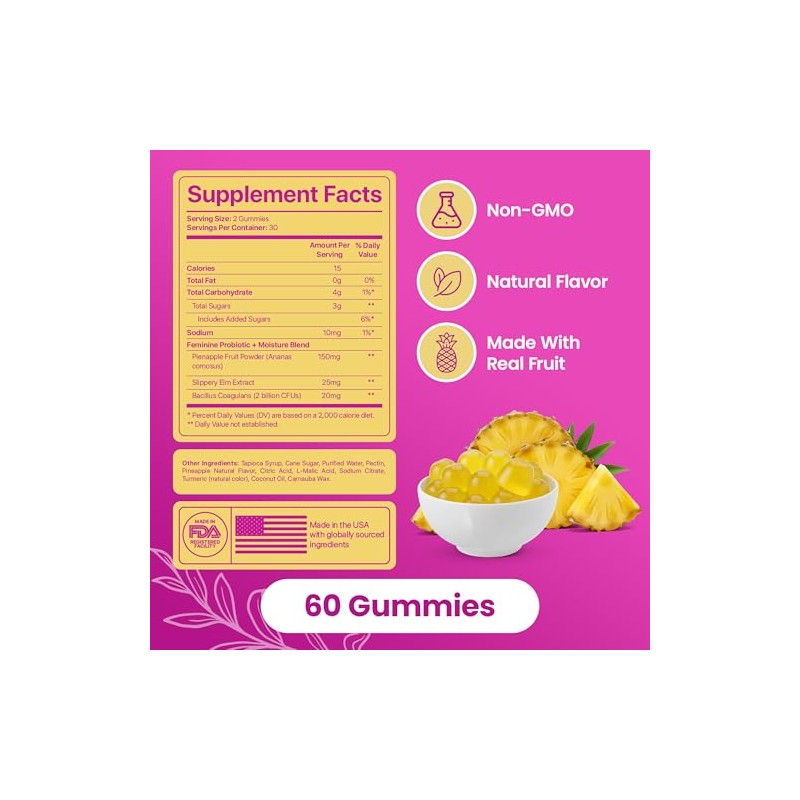 KITTYQUEEN Slippery Kitty Feminine Probiotic and Moisture Gummies, Pineapple Flavor,