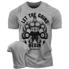 Workout Shirts for Men, Let The Gains Begin Gym Shirt Funny Sayings Lifting T-Shirt (Large, Gains Begin Grey)