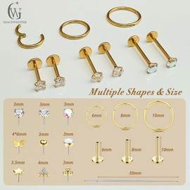 18G Threadless Nose Studs For Women Men - Hypoallergenic 316L Surgical Steel Nose Rings Hoop CZ Lip Labret Septum Medusa Nose Rings Studs Push In Flat Back Earrings Cartilage Helix Conch Nostril