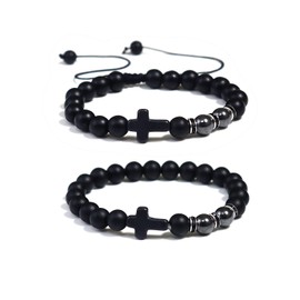 Caiyao 2Pcs Religion Cross Tiger Eye Stone Bead Bracelet for Women Men Matte Agate Crystal Gemstone Seed Elastic Braide Drawstring Bangle Set Adjustable Birthday Jewelry Gift-E black