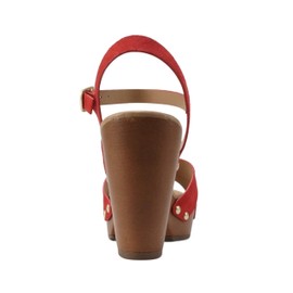 Soda MIGUEL ~ Women Crisscross Band Fashion Chunky Platform Block Mid Heel Sandal with Ankle Strap and Stud (RED SUEDE, 8)