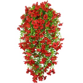 GhuaH 4 Pcs Artificial Hanging Flowers for Outdoors Spring Summer Faux Silk Daisy Flowers UV Resistant Realistic Fake Hanging Plants for Outside Home Indoor Planter Porch Garden Yard Decor Red