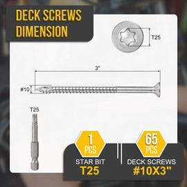 DTGN #10x3" Deck Screws - 65Pack - Good for Decks, Fences, Frames, Farms, Outdoor Furniture - 410 Stainless Steel Wood Screws W/ T25 Torx Star Drive Bit - Silver