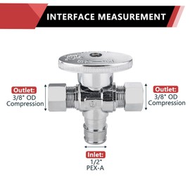 (Pack of 5) 1/4 Turn Dual Pex-A Cold Expansion Inlet Angle Stop Valve, 1/2" Pex-a X (3/8 inch xX3/8 inch), Chrome Plated