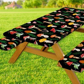 JAWO Black Picnic Table Cover with Bench Covers Elastic Edges Camping RV Essentials Waterproof Windproof Outdoor Fitted Tablecloth Rectangle Camping Tables and Seats, 30x72in