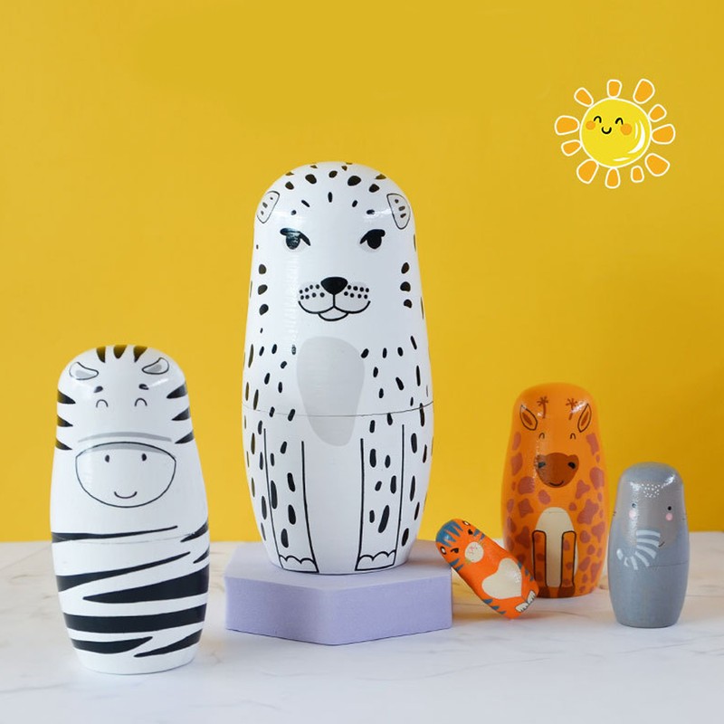 5Pcs Russian Nesting Dolls Hand Made Exquisite Wooden Animal Nesting