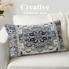 SZXYCZL 2Packs Boho Pillows Covers 12×20 inch, Linen Bohemia Carpet Pattern Decorative Couch Throw Cushion Covers for Living Room Bed Outdoor Pillow Case-Navy Blue