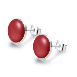 Women's Minimalist Round Disc Stud-Earrings - 10MM Simple Flat Dot Enamel Stud Earrings, Small Circle Button Stud Earrings, Black/Tango Red/Cloud Pink/Dark Purple Available. (Tango Red)