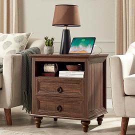 WINWY Farmhouse Nightstand with Charging Station, 22" Large End Table with 2 Drawers & Open Shelf, Rustic Wood Square Sofa Side Bedside Table w/4 Solid Wood Feet for Living Room, Bedroom,Walnut