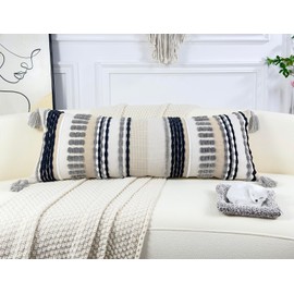 NUYECY Chenille and Cotton Long Pillow for Bed,Striped Textured Boho Long Lumbar Throw Pillow Cover 14x36,Neutral Accent Decorative Extra Long Body Pillow Case for Couch Sofa Bedroom,Grey