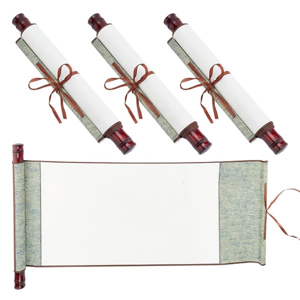 WEBEEDY 3PCS Blank Hanging Scroll Vintage Blank Paper Scrolls with Wood Rods Wall Mounting Scrolls Chinese Calligraphy Drawing Scrolls Xuan Paper for Writing, Drawing, Calligraphy, Blue, 27x13 inches