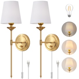 femusytt Dimmable Plug in Wall Sconces Set of 2, Gold Plug in Wall Lamp with White Fabric Shade, Mid Century Corded Sconce Decor Indoor Modern Plug in Bedside Wall Light for Bedroom Living Room