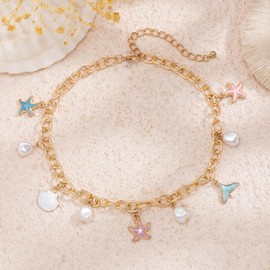 HETICA Charm Necklace for Women - Chunky Gold Charm Necklace Shell Starfish Pearl Necklace Beach Necklace Baroque Pearl Charms Women Delicate Simple Jewelry