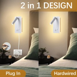 MOLUOLA LED Wall Lamp Wall Mounted Reading Lights Set of 2, Adjustable Headboard Plug in Wall Sconce with USB C+A Ports, Headboard Bedside Lamp with 9W+3W Night Light 3000K (White)