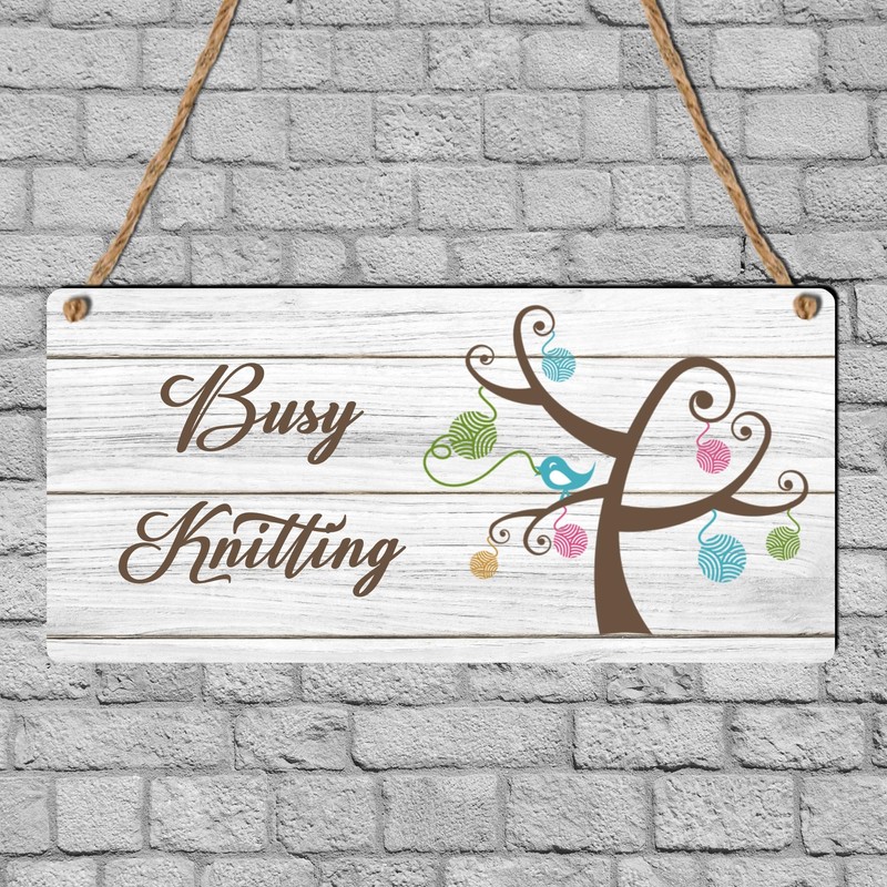 "Busy Knitting" Sign - Whimsical Craft Room Decor for Knitting