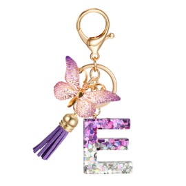 JSRQT Initial Letter E Keychain, Purple Sequins Resin Alphabet Letter Keyrings for Women Girls with Butterfly Tassel Pendant Design, Fashion Key Chain Bag Charm for Handbags Backpacks Car Key Decor
