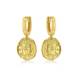 Tuscany Silver Women's Sterling Silver Yellow Gold Plated 12.5mm x 25.5mm Reversible Roman Coin Creole Earrings