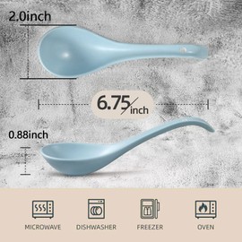Artena 6.75 inch Solid Asian Soup Spoon Set of 6,Ultra-fine Porcelain Japanese Soup Spoon, Ramen Spoons for Pho Noodles Miso, Chinese Soup Spoons for Dumpling Wonton Cereal, Deep Oval Hook Design-Blue
