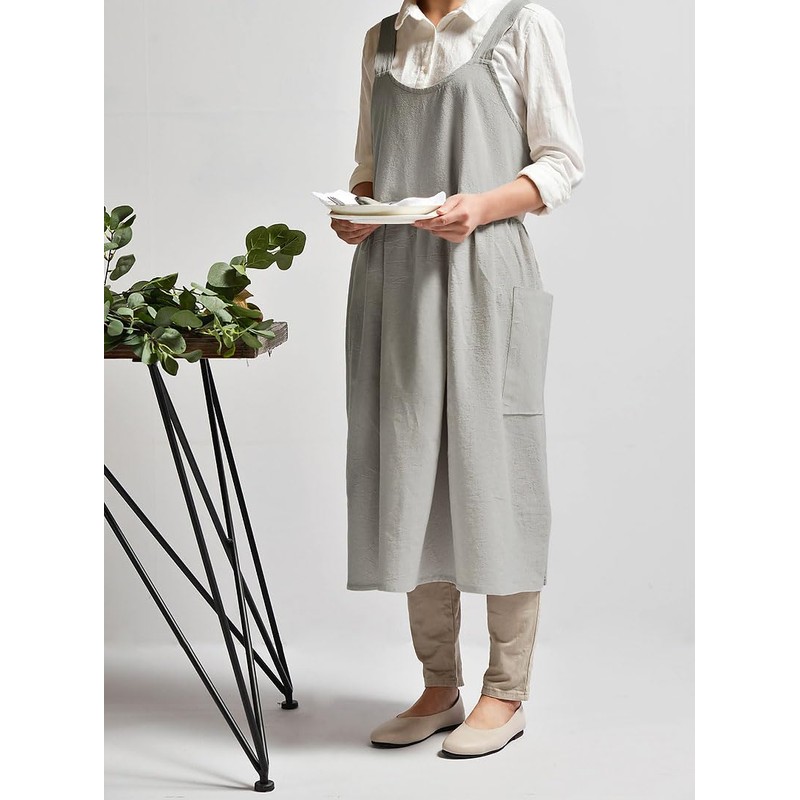 Uaussi Cotton Linen Apron Cross Back Work Apron for Women