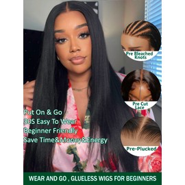 KLAIYI Pre Cut 13x4 Glueless Lace Front Wig Yaki Straight Bye Bye Knots Human Hair Put On and Go Wigs for Women Pre Bleached Pre Plucked Pre Everything Easy to Wear Beginners Wig with Baby Hair 20Inch
