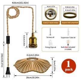Retro Plug in Ceiling Light Fixture,Brass E27 Bulb Holder Suspended Hanging Light Fitting, 5.1 m Hanging Pendant Lamp with Hemp Rope Woven Shade,DIY Pendant Lamp Kit with Plug in Cord, for Kitchen