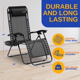 SereneLife SLZGHBLK55.5 Outdoor Adjustable Zero Gravity Lounge Chair Recliners with Plastic Cup Holder Side Table and Padded Headrest Pillows, 2 Pack, (Black)