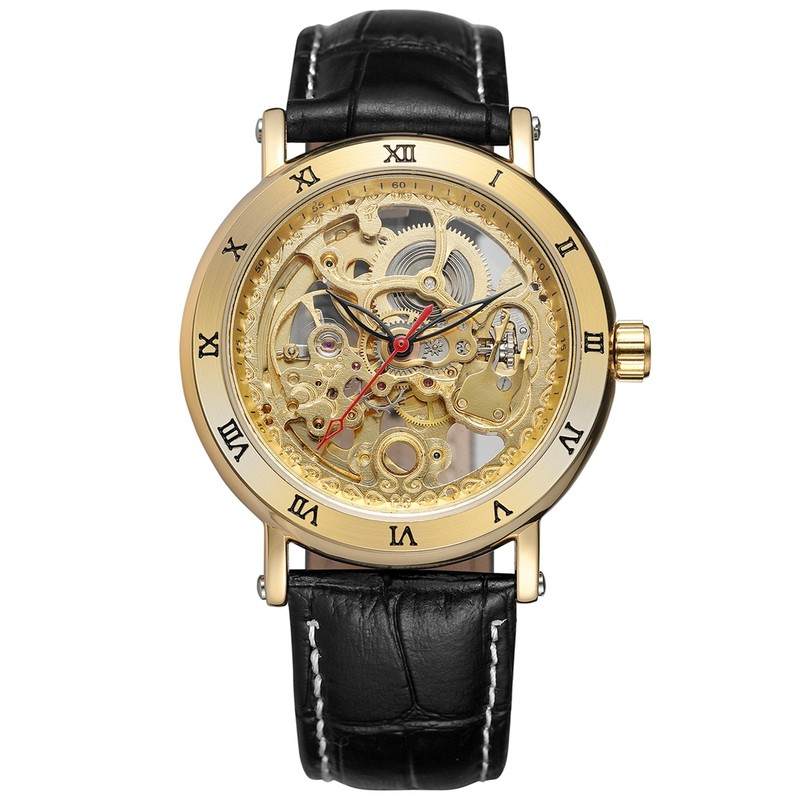 FORSINING Automatic Mechanical Hollow Out Waterproof PU Leather Strap Male