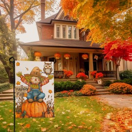 Dacawin Happy Fall Pumpkins Scarecrow Garden Flags Double Sided Burlap Autumn Yellow Pumpkin Owl Yard Flag Seasonal Outside Patio Farmhouse Garden Yard Lawn Outdoor Decorative 12 x 18 Inch
