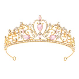 KEUKORZ Crown for Women Princess Gold Tiara for Girls Shiny Pink Rhinestone Hair Accessories for Birthday Crown for Wedding and Party