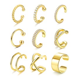 Finrezio 9 Pcs Ear Cuff Adjustable Ear Cuff Earrings for Women 18K Gold Non Piercing Earring Cuffs Clip On Cartilage Helix Ear Cartilage Wrap Earrings Fake Earrings Set
