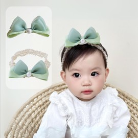 Rannyrena Bow Lace Headbands for Baby Girls Soft Tulle Ribbon Pearl Head Wrap Elastic Bow-knot Hair Band Shower Birthday Hair Accessory for Newborn Infant Toddler (Green C, Elastic)