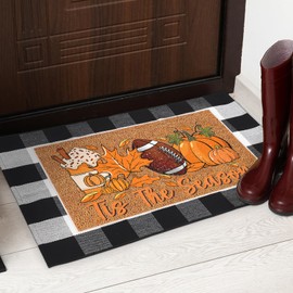 Breling 2 Pcs Fall Door Mat Pumpkin Welcome Door Mat Autumn Non Slip Front Doormat Plaid Checkered for Fall Thanksgiving Porch Entrance Decor (Black and White,Football Pumpkin)