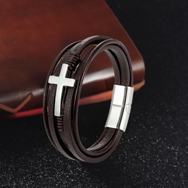 REchoLI Cross Bracelet for Man Brown Braided Leather Bracelet with Stainless Steel Gold Cross Charm Stylish Christian Jewelry 21 cm / 8.26 inches (Silver)