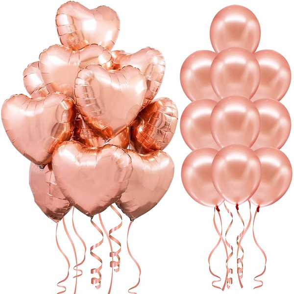 Rose Gold Heart Balloons for Valentines Day Decorations - Pack of 20 | 10 Foil Heart Shape Rose Gold mylar Balloons | 10 Latex Rose Gold Balloons | Rose Gold Balloon Heart for Valentine Decorations