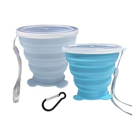 2 Pcs Collapsible Cups, Silicone Collapsible TravelCup, Expandable Folding Camping Drinking Cup with Lids Reusable Small Portable Mugs-Cup for Travel, Camping, Hiking,Outdoors (Light Blue&Sky Blue)