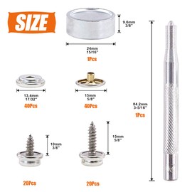 Rustark 120 Pcs Sliver Fastener Screw Snaps Boat Canvas Cover Snap Button Cap Marine Grade 3/8" Socket with Stainless Steel Screw with Snap Setting Tool Kit for Furniture Canvas Fabric Boats