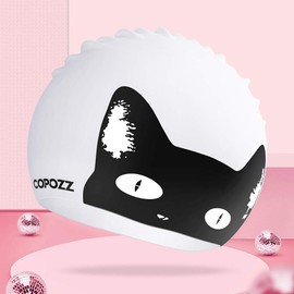 COPOZZ Adult Swim Caps, Silicone Waterproof Comfortable Swimming Cap for Women, Long and Short Hair(Black Cat-12yrs+)
